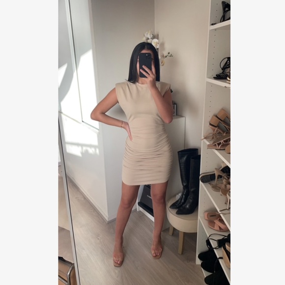 Shoulder Pad Beige Ruched Casual Mini Dress - Picture 11 of 12